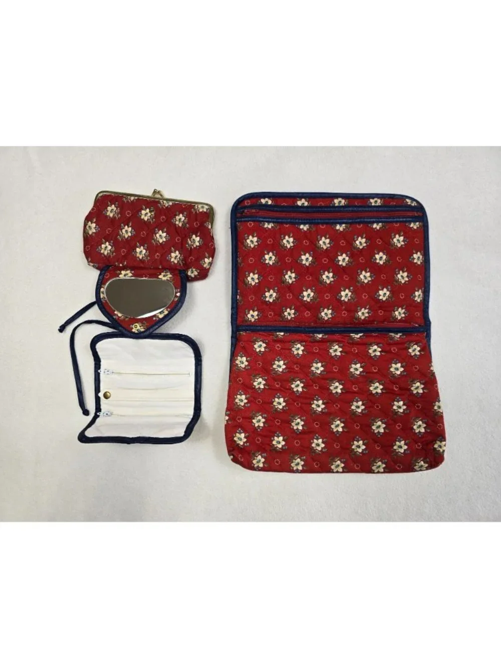 Vintage Red Floral Quilted Travel Organizer Set Mirror Coin Purse Jewelry Holder